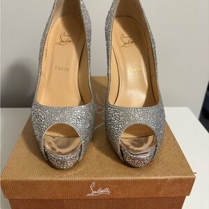 Christian Louboutin Glittering Silver Peep-Toe Heels